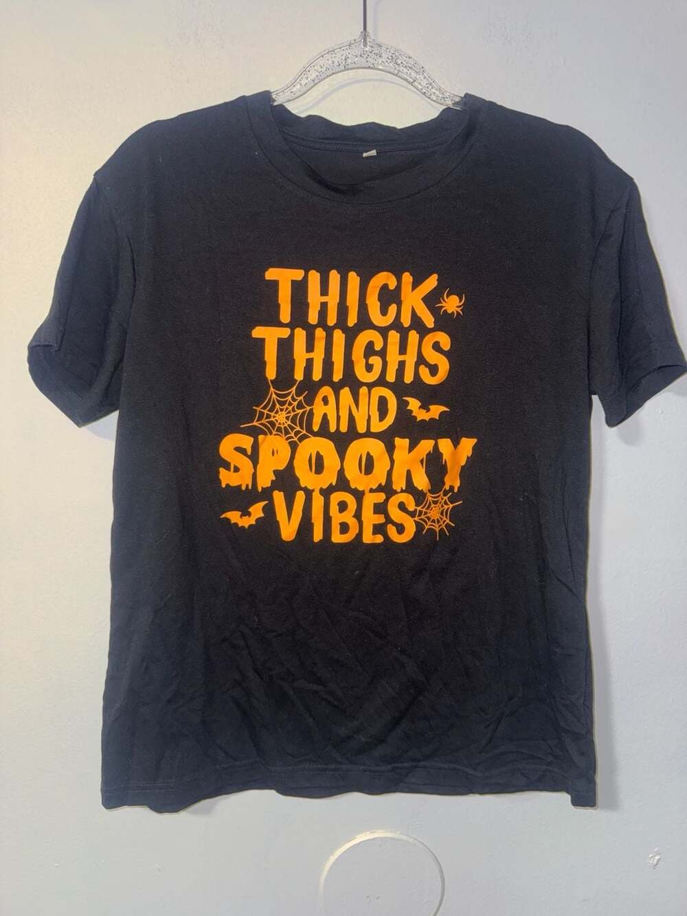 Rerun Island Women Thick Thighs Spooky Vibes Webs Short Sleeve Graphic Cotton T-